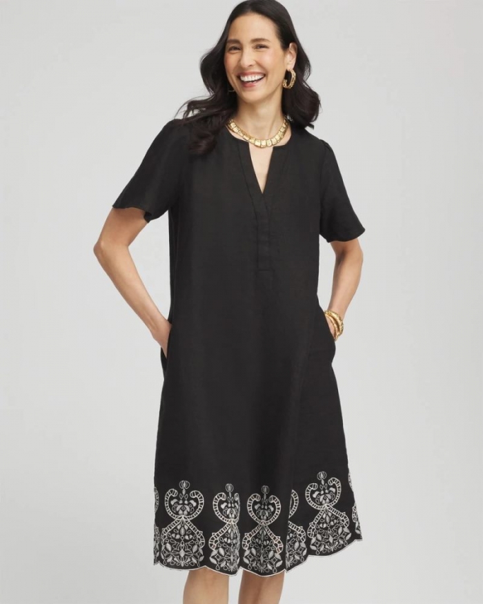 Chicos Embroidered Linen Flutter-Sleeve Dress - BLACK
