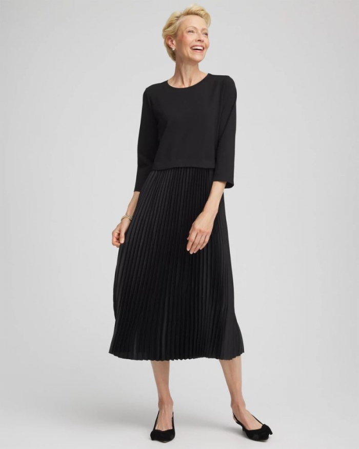 Chicos Satin-Knit Pleated Maxi Dress - BLACK