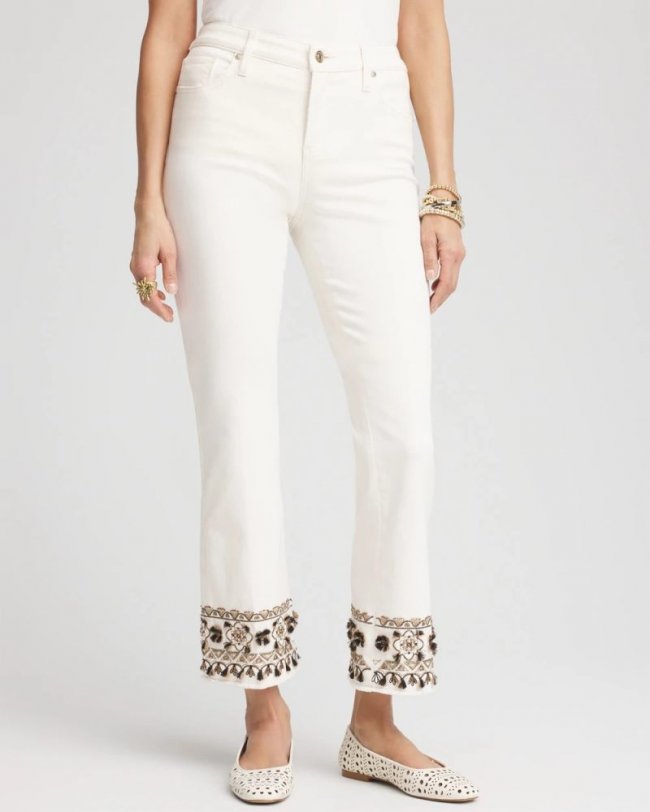 Chicos Girlfriend Embroidered Kick Flare Jeans - ECRU