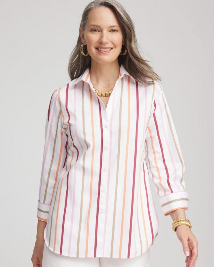 Chicos No Iron Striped Stretch-Sateen Shirt - ECRU