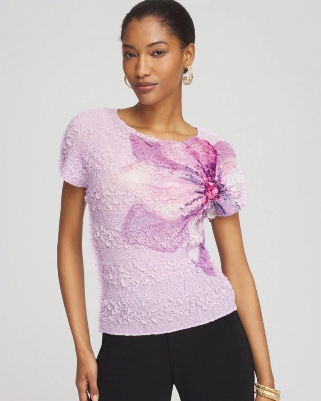 Chicos Travelers™ Collection Tropical-Floral Textured Top - VIOLET AURA