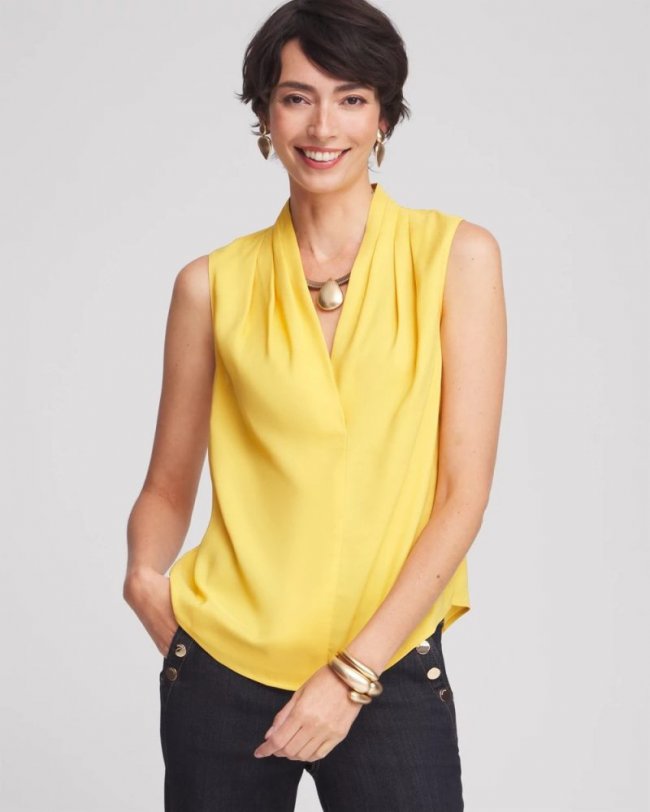 Chicos Matte Satin Pleated Top - SEMOLINA