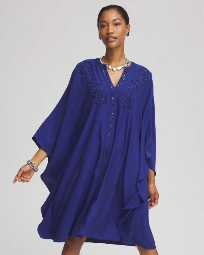 Chicos Embellished Kaftan Dress - BLUE CASA