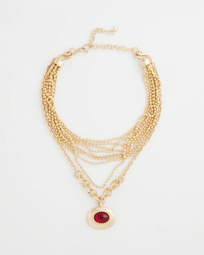 Chicos Art Deco Red Gem Pendant Necklace - RED