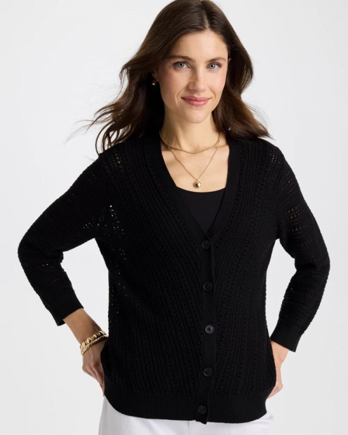 Chicos Stitchy V-Neck Cardigan - BLACK