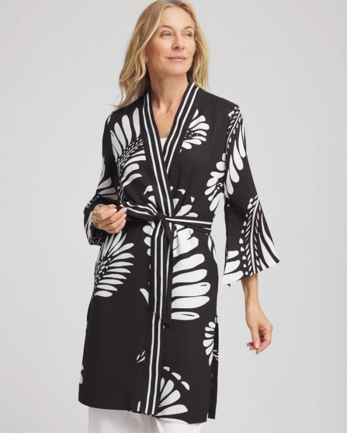 Chicos Tie-Front Long Kimono - BLACK