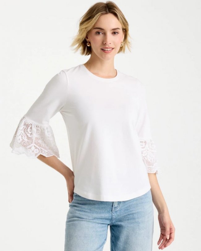 Chicos Cotton Lace Flutter Sleeve Tee - ALABASTER