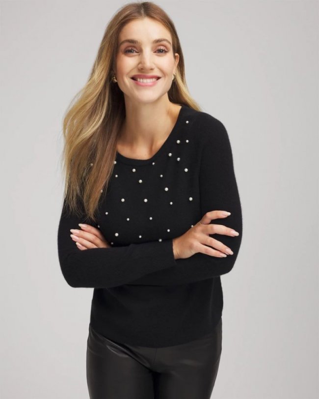 Chicos Embellished Cashmere Pullover Sweater - BLACK Chicos Embellished Cashmere Pullover Sweater - BLACK