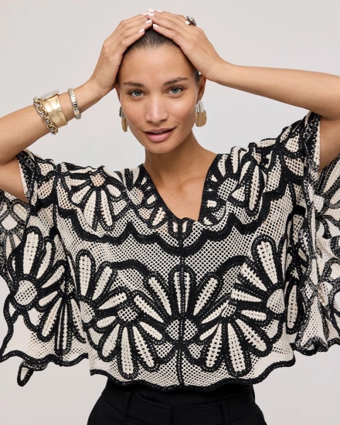 Chicos Crochet Lace Contrast Floral Poncho - BLACK AND NEUTRAL
