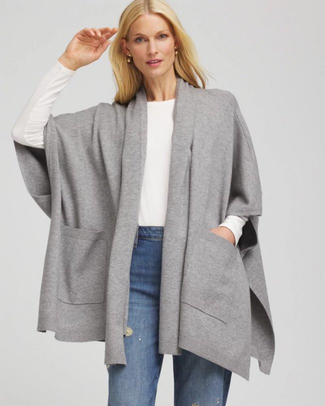 Chicos Long Knit Ruana - MOON SHADE GRAY HEATHER