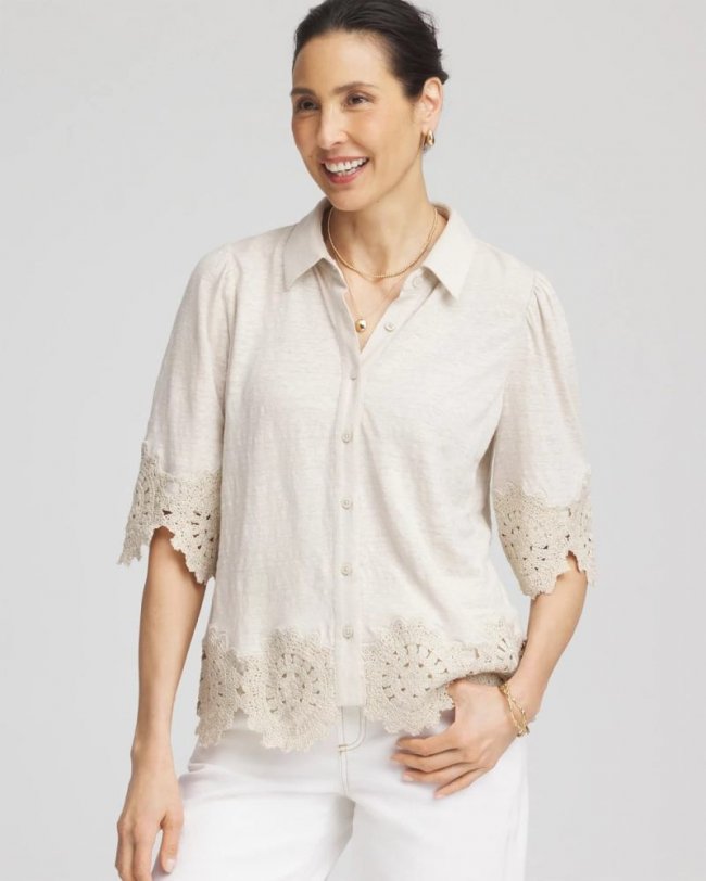 Chicos Crochet Trim Linen Shirt - RIVER ROCK