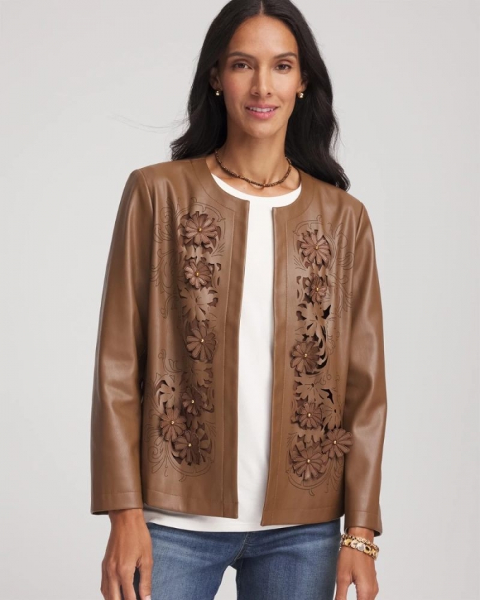 Chicos Floral Cutwork Faux Leather Jacket - CHOCOLATE TRUFFLE