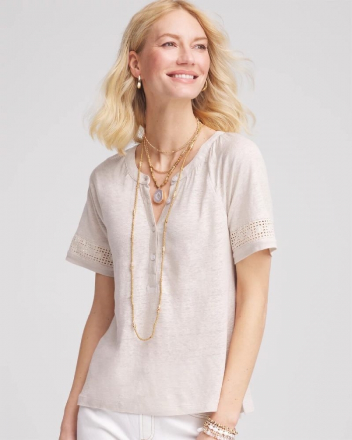 Chicos Linen Lace-Cutwork Sleeve Henley Tee - RIVER ROCK