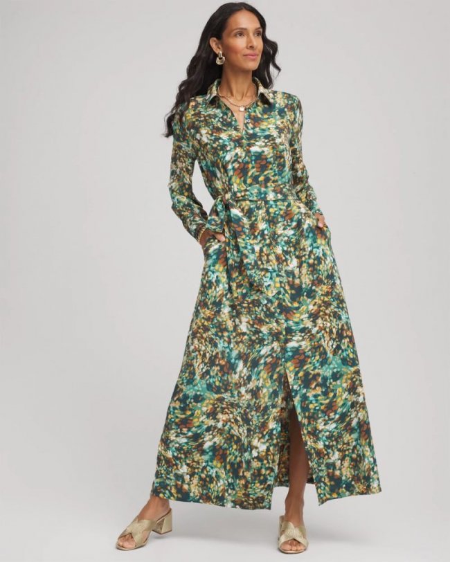 Chicos Printed Long-Sleeved Shirtdress - DARKEST SPRUCE