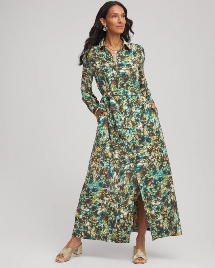 Chicos Printed Long-Sleeved Shirtdress - DARKEST SPRUCE