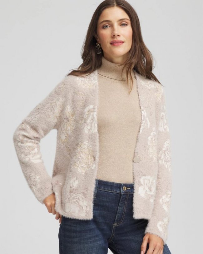 Chicos Fuzzy Jacquard Boyfriend Cardigan - ENGLISH CREAM