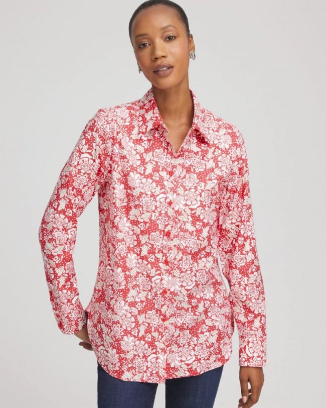 Chicos No Iron Long-Sleeved Folklore-Floral Shirt - FOLKLORIC RED