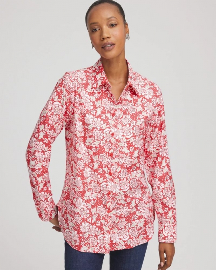 Chicos No Iron Long-Sleeved Folklore-Floral Shirt - FOLKLORIC RED