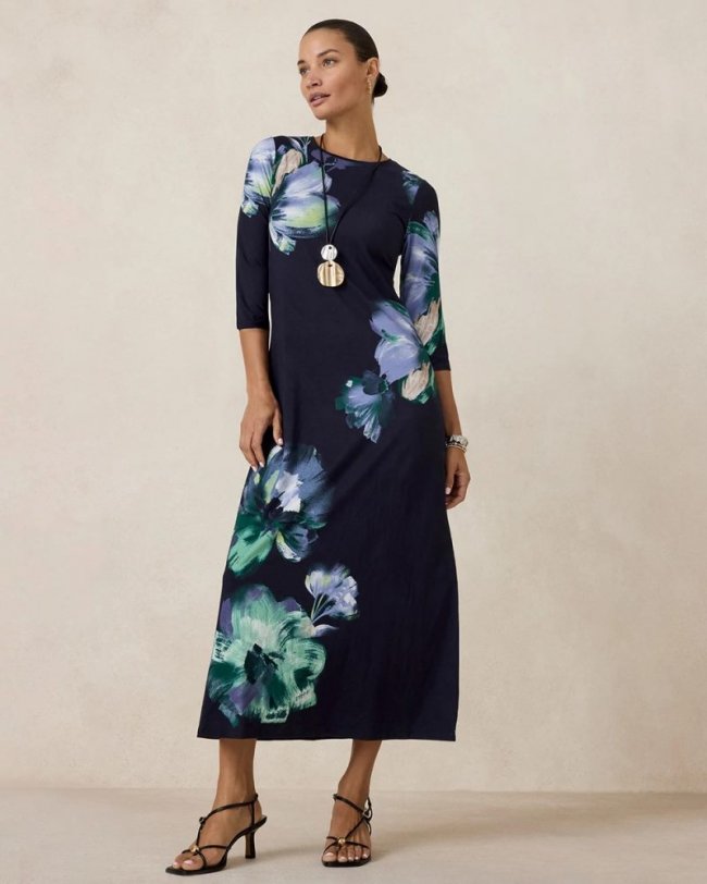 Chicos Floral 3/4 Sleeve Maxi Dress - PASSPORT BLUE