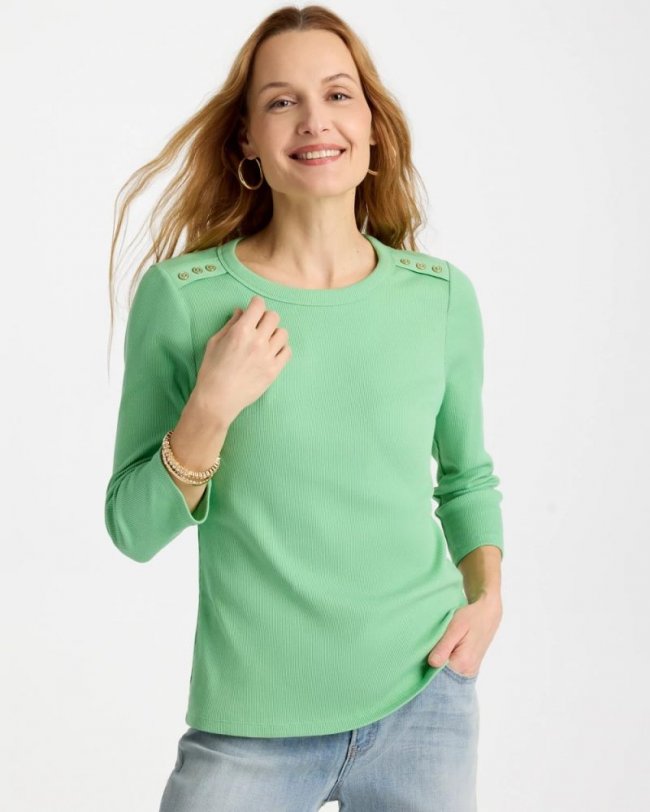 Chicos Ribbed Button Crewneck Tee - PEPPERMINT GREEN