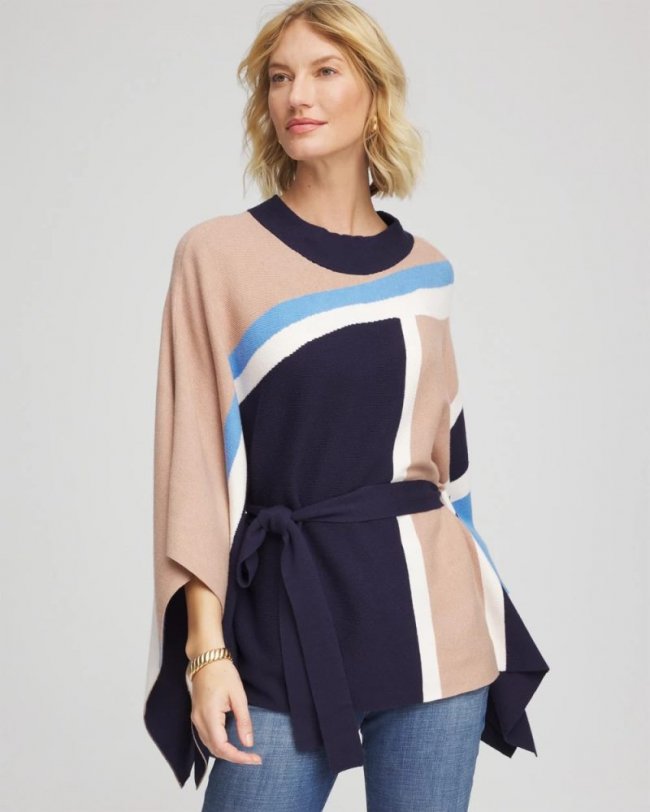 Chicos Belted Colorblock Poncho - PASSPORT BLUE