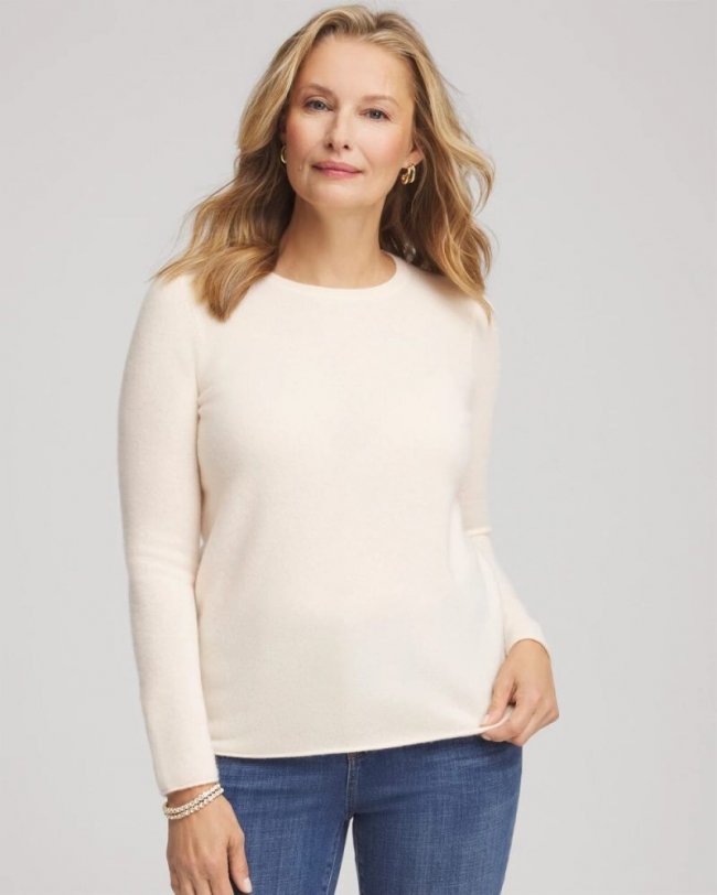 Chicos Crewneck Cashmere Pullover Sweater - CREAM