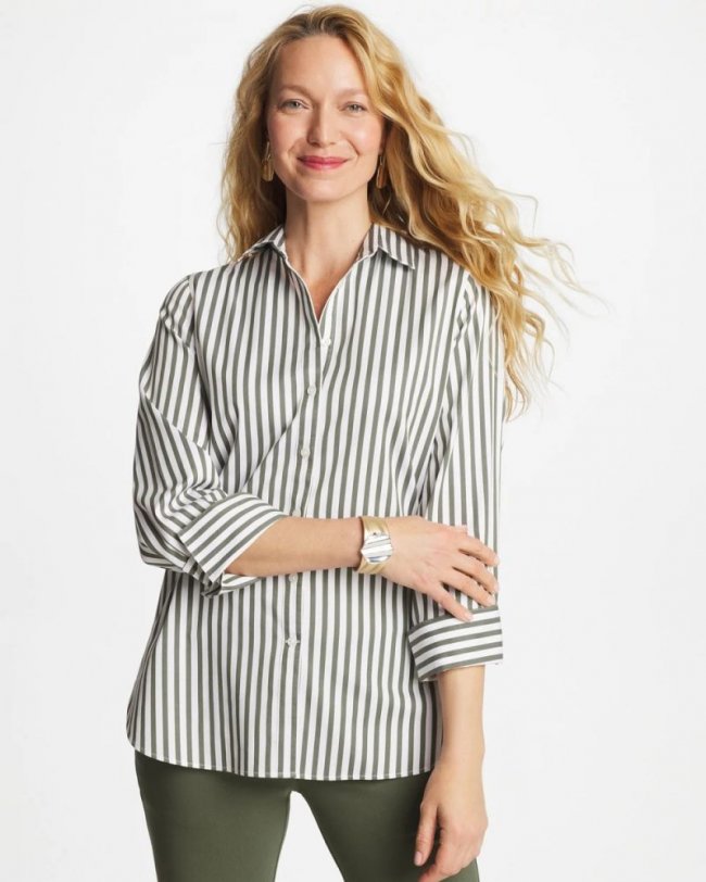 Chicos No Iron Stretch Striped Shirt - KELP FOREST Chicos No Iron Stretch Striped Shirt - KELP FOREST