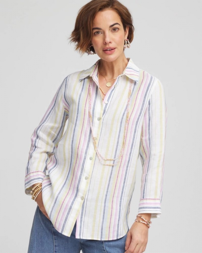 Chicos No Iron Multi Stripe Linen Shirt - LAVENDER SKIES