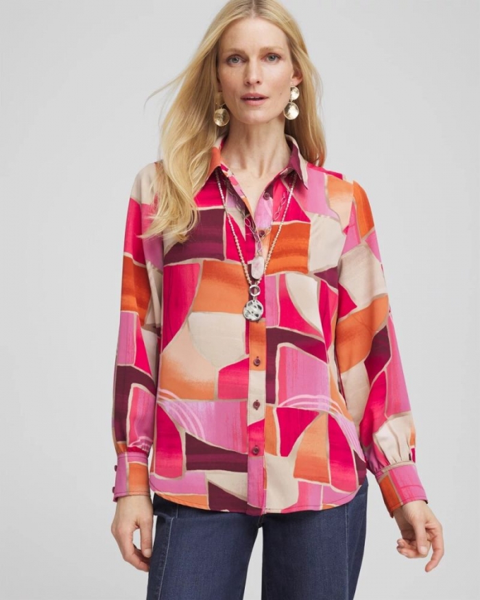 Chicos Faux Silk Sunset Collared Shirt - DRIED ROSES