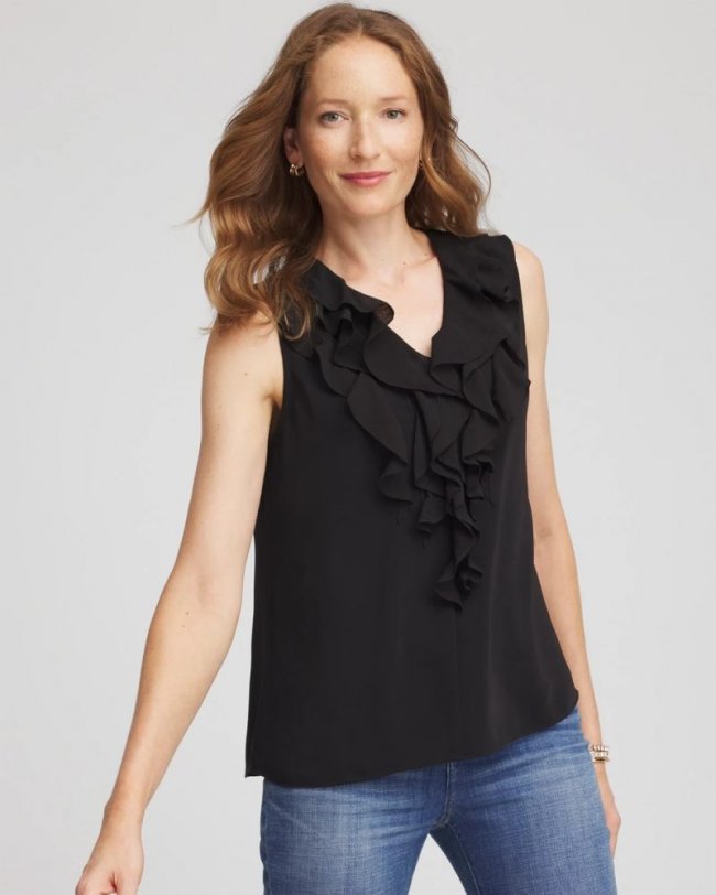 Chicos Satin Ruffle Tank - BLACK
