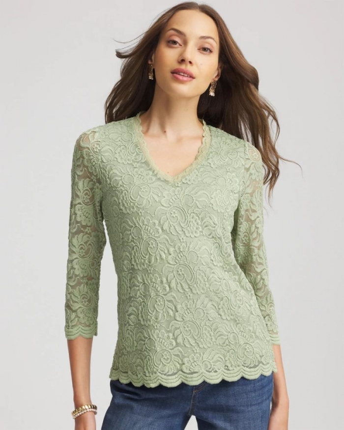 Chicos Lace Scallop-Hem Knit Tee - SAGE MEADOW