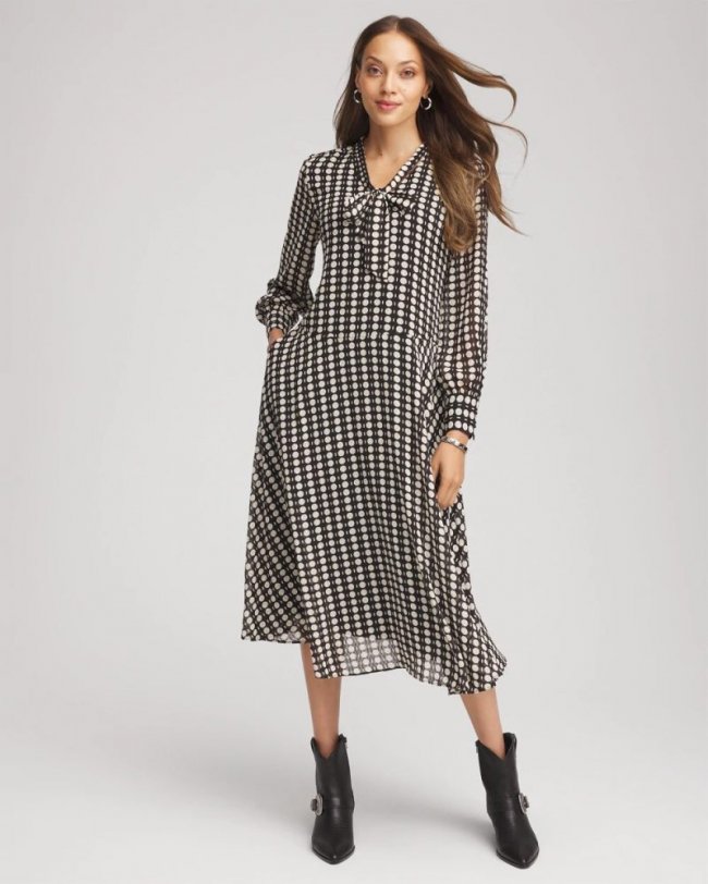Chicos Chiffon Clip-Dot Tie-Neck Dress - BLACK
