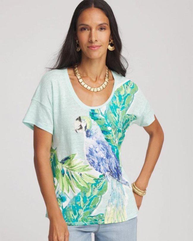 Chicos Linen Embellished Parrot Easy Tee - TEAL WATERS