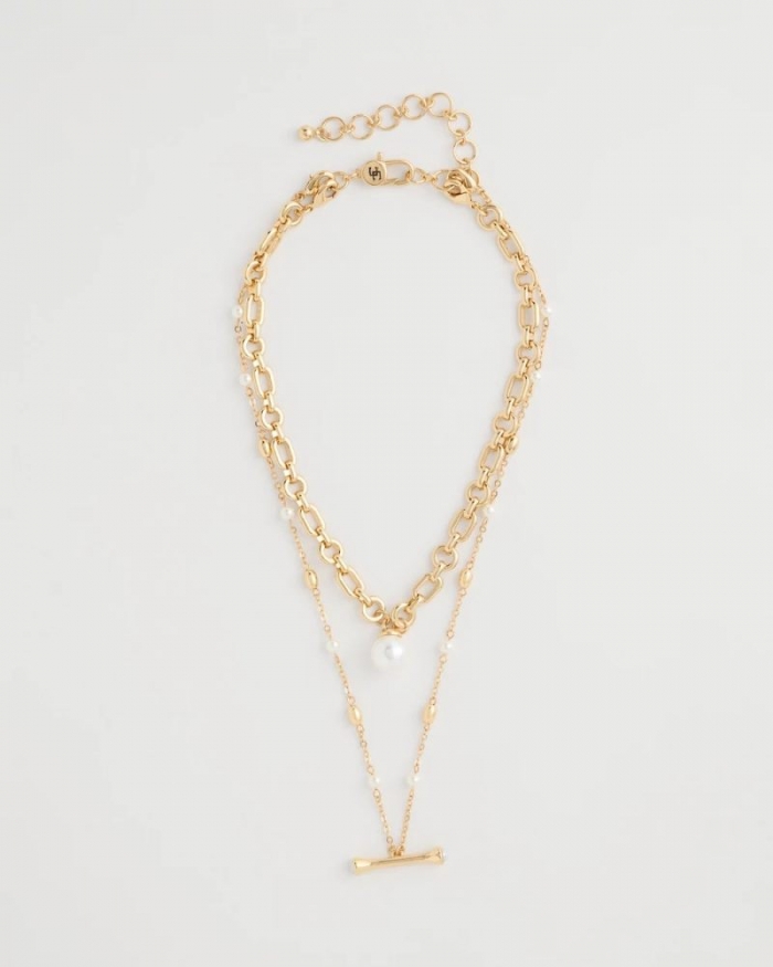 Chicos Toggle Bar Pearl Pendant Necklace - PEARL