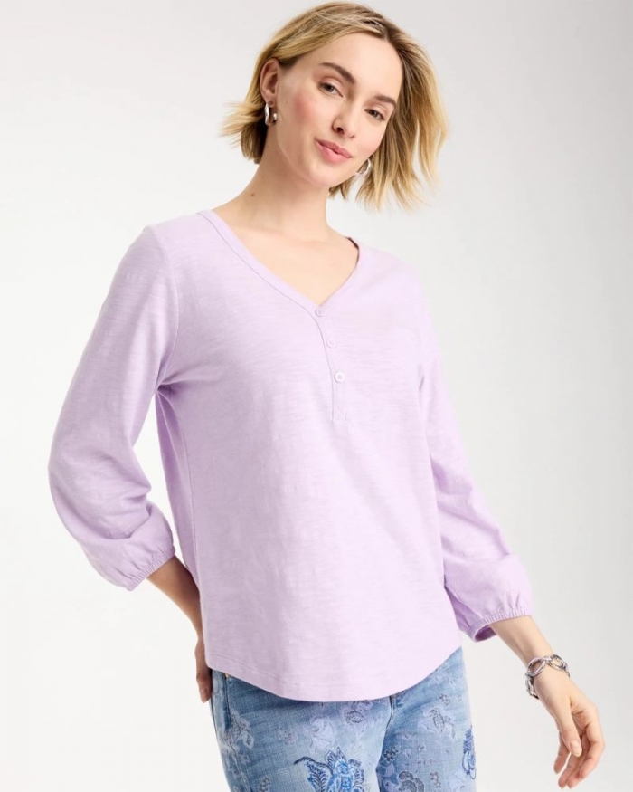 Chicos Puff Sleeve Cotton Slub Henley Tee - ORCHID MIST