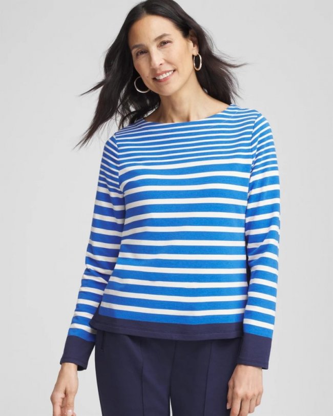 Chicos Zenergy® Striped Boatneck Mariner Tee - TURKISH SEA