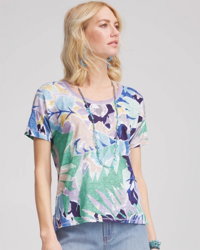 Chicos Tropical Nights Sweater-Trim Linen Tee - BLUE CASA