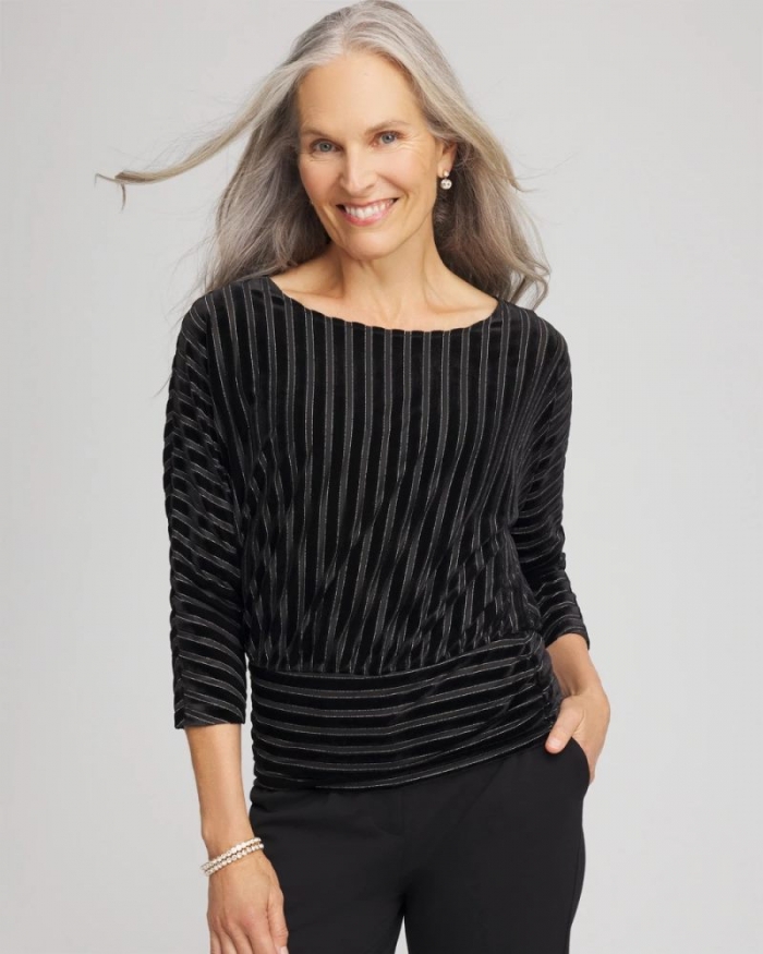 Chicos Velvet Burnout Stripe Banded-Bottom Top - BLACK