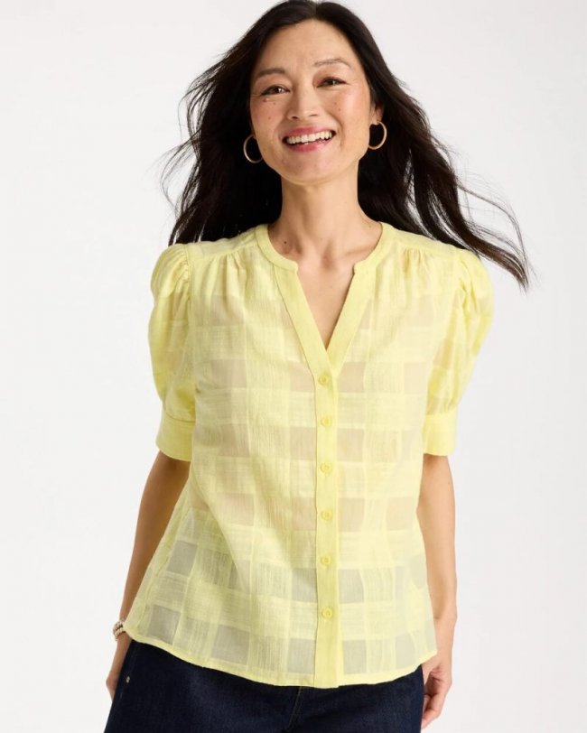 Chicos Cotton Plaid Elbow-Sleeve Shirt - SAGE LIME