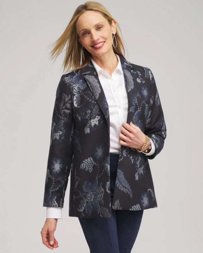 Chicos Floral Jacquard Blazer - CLASSIC NAVY