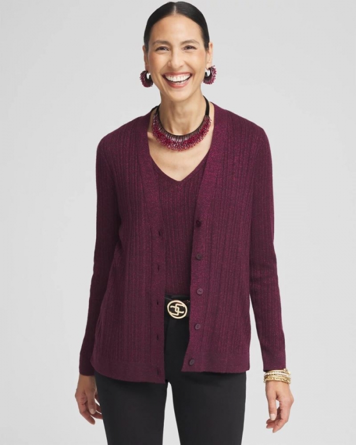 Chicos Lurex Ribbed Cardigan - DEEP RAISIN