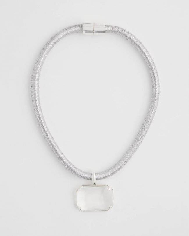 Chicos Silvertone Gem Pendant Cord Necklace - SILVER