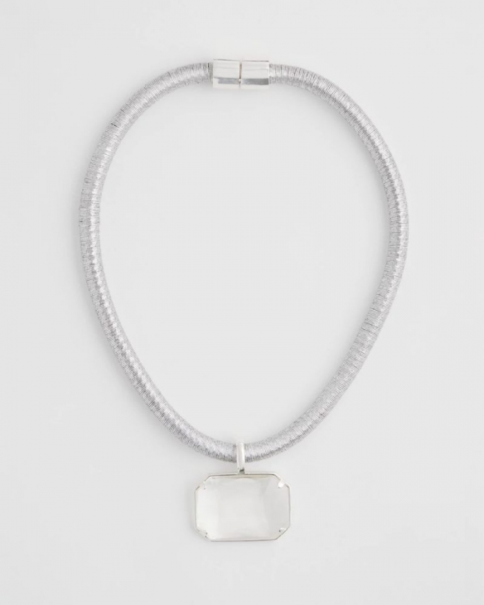 Chicos Silvertone Gem Pendant Cord Necklace - SILVER