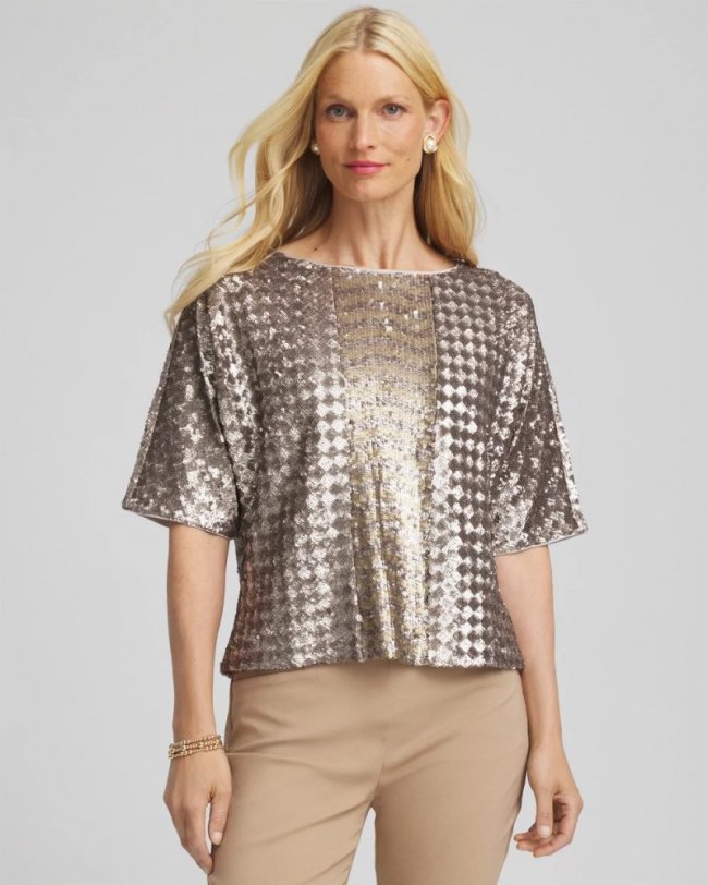 Chicos Art Deco Dolman Sequins Tee - GOLD