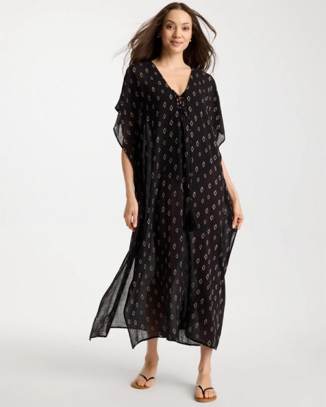 Chicos Printed Kaftan Swim Cover-Up - BLACK/NEUTRAL