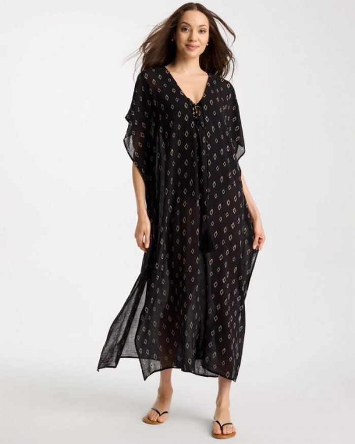 Chicos Printed Kaftan Swim Cover-Up - BLACK/NEUTRAL