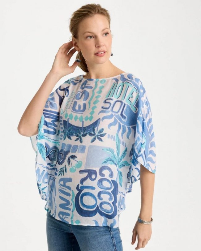 Chicos Island Printed Poncho - PASSPORT BLUE