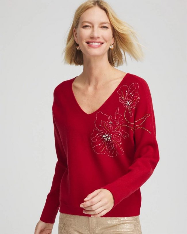 Chicos Floral Embellished Dolman V-Neck Pullover - CARMINE RED