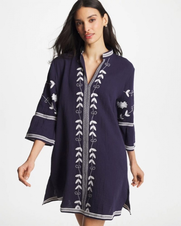 Chicos Woven Embroidered Swim Cover-Up - PASSPORT BLUE