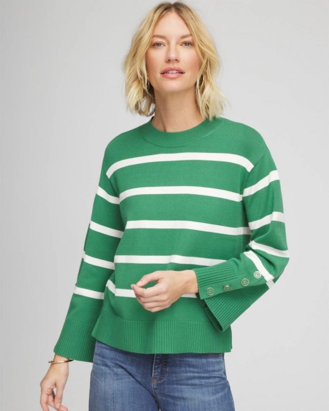 Chicos Striped Button Sleeve Crewneck Pullover Sweater - JARDIN GREEN